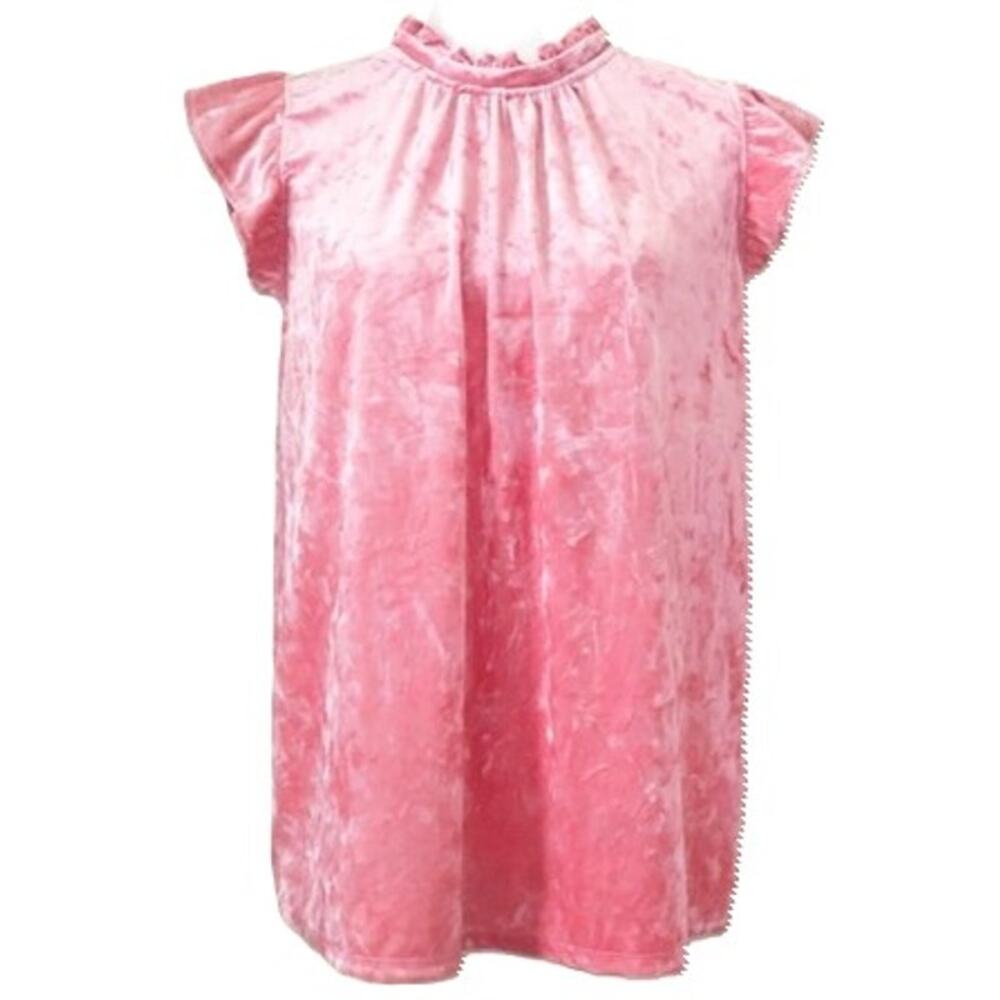Gibsonlook Flutter Sleeve Ruffle Neck Crushed Velvet Top Sz Small in Coral NWT